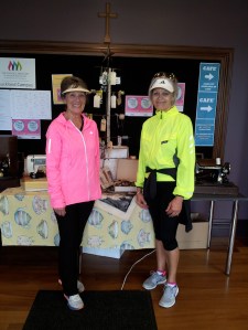 Ladies in neon having just walked to Fabric-a-brac